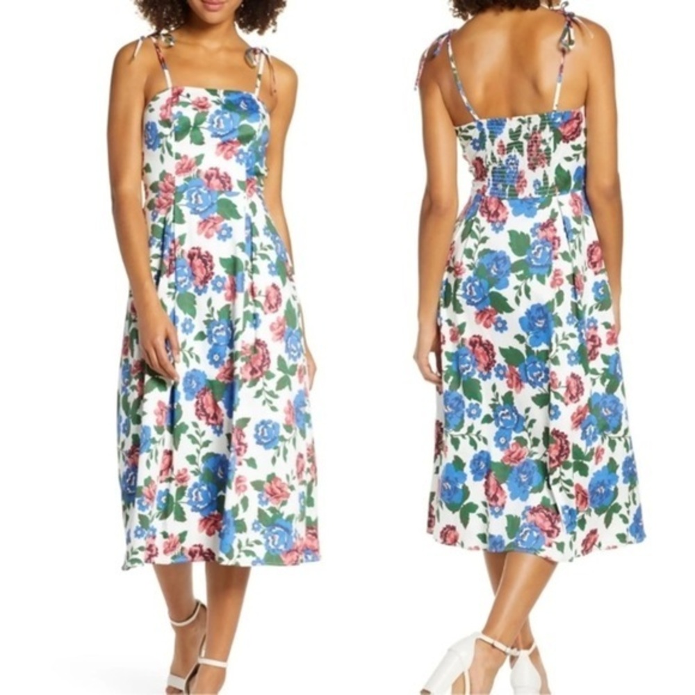 Charles Henry Floral White Spaghetti Strap Dress Size Small Blue Pink and Green